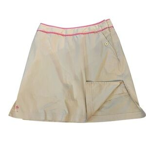 Lilly Pulitzer Khaki Cotton Blend Stretch Skort with Pink Palm & Trim